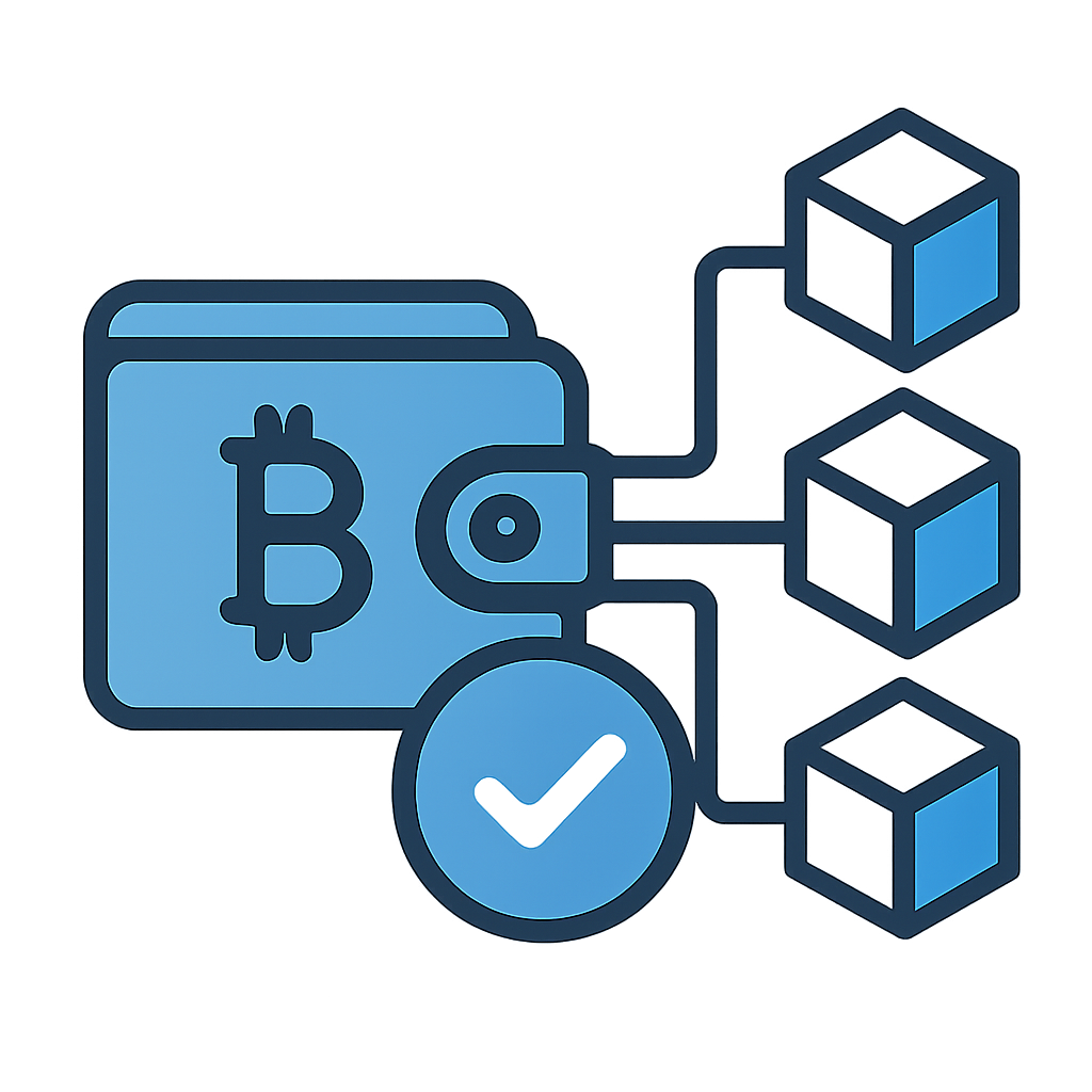 A cryptocurrency wallet icon connected by lines to a blockchain, with a verified checkmark overlay.