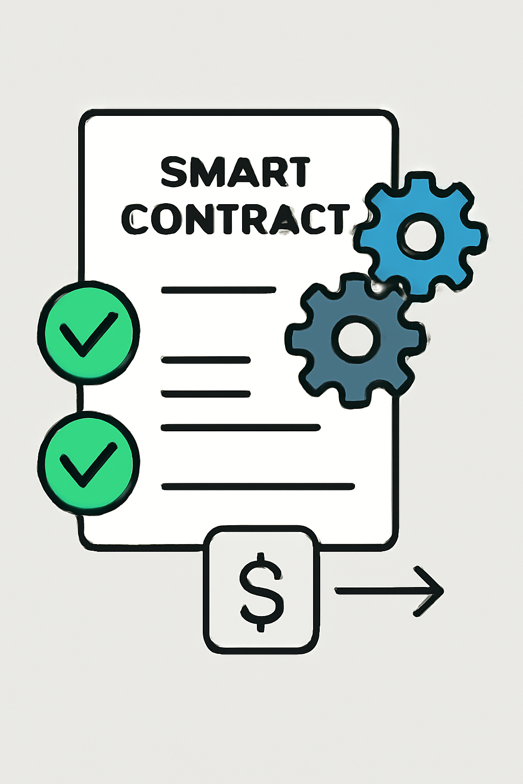 A smart contract with gears and checkmarks, automatically verifying digital credentials before allowing transactions.