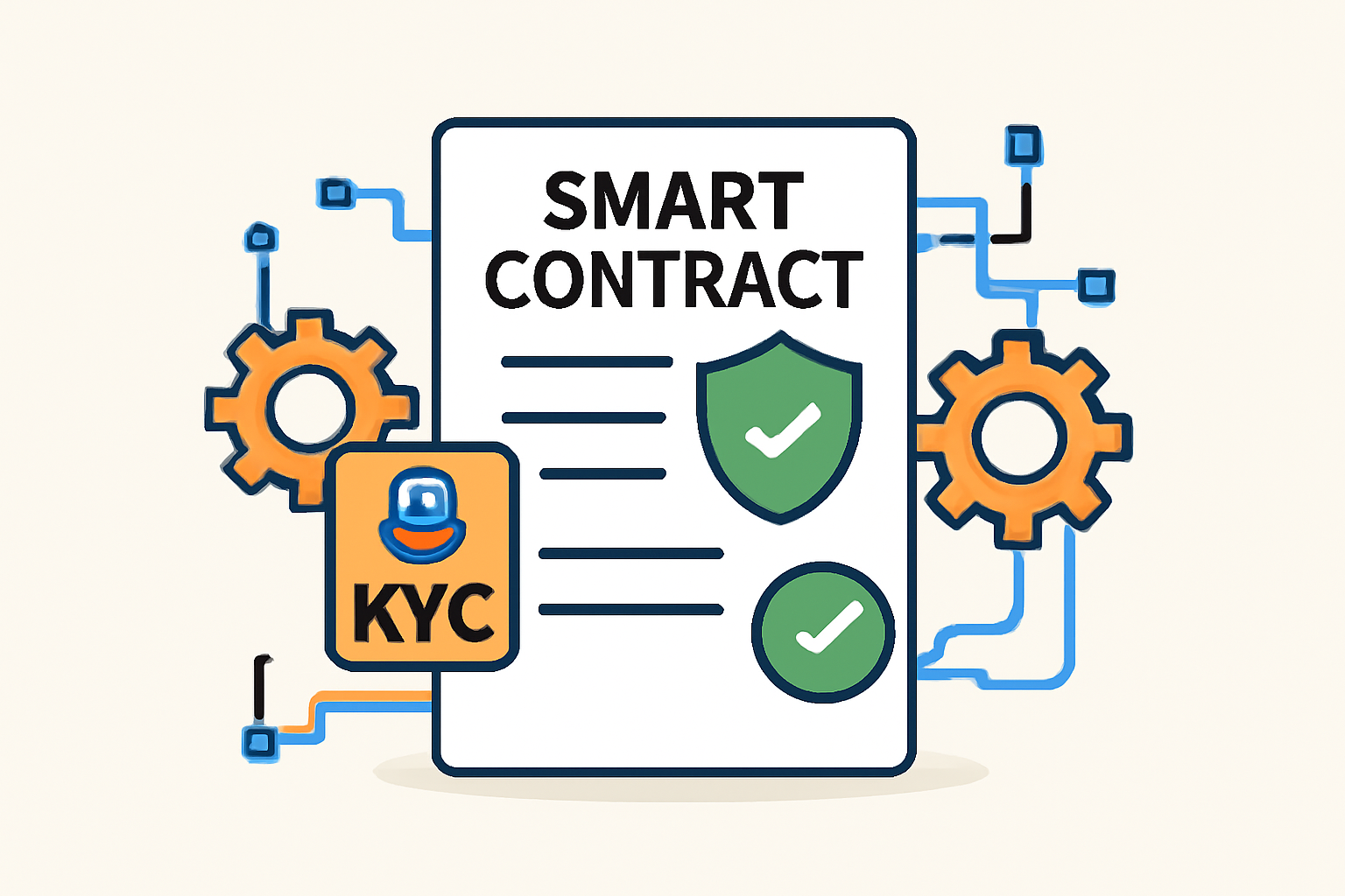 A smart contract document with gears and blockchain connections, automatically approving a transaction after verifying a KYC badge.
