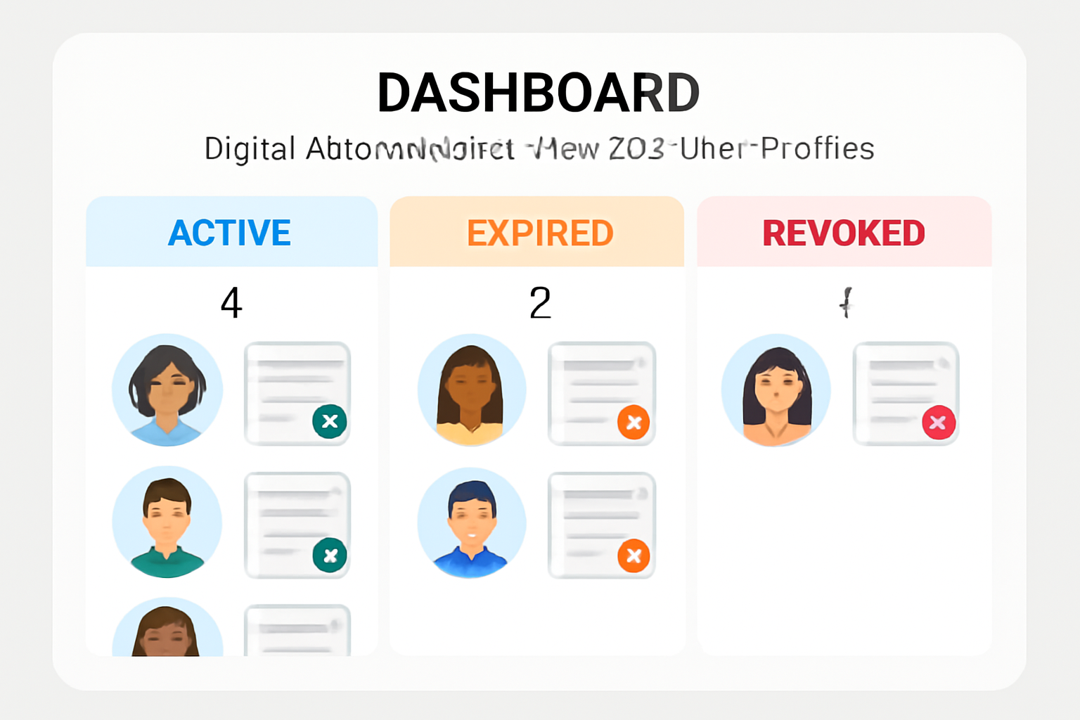 A dashboard showing active, expired, and revoked digital attestations linked to user profiles.