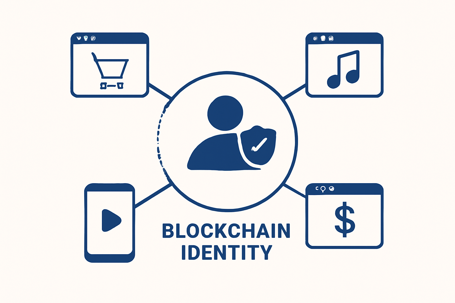Multiple digital platforms or dApps connected to a single blockchain identity, showing seamless access and verification.