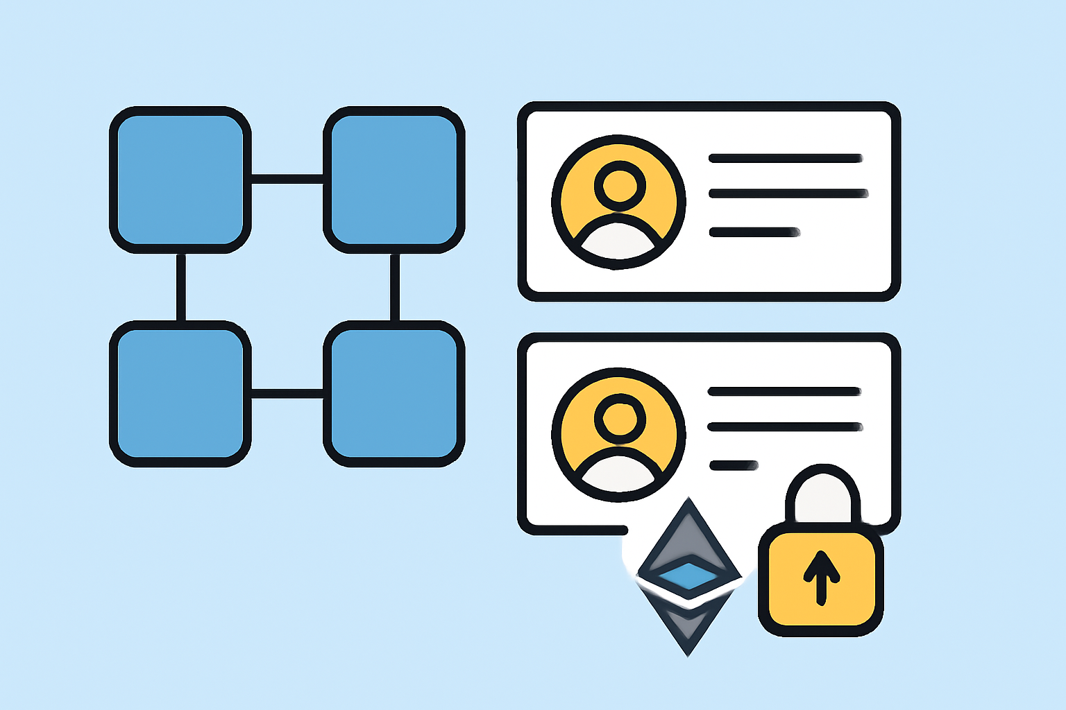 A blockchain with digital identity cards and cryptographic symbols, representing secure identity verification on-chain.