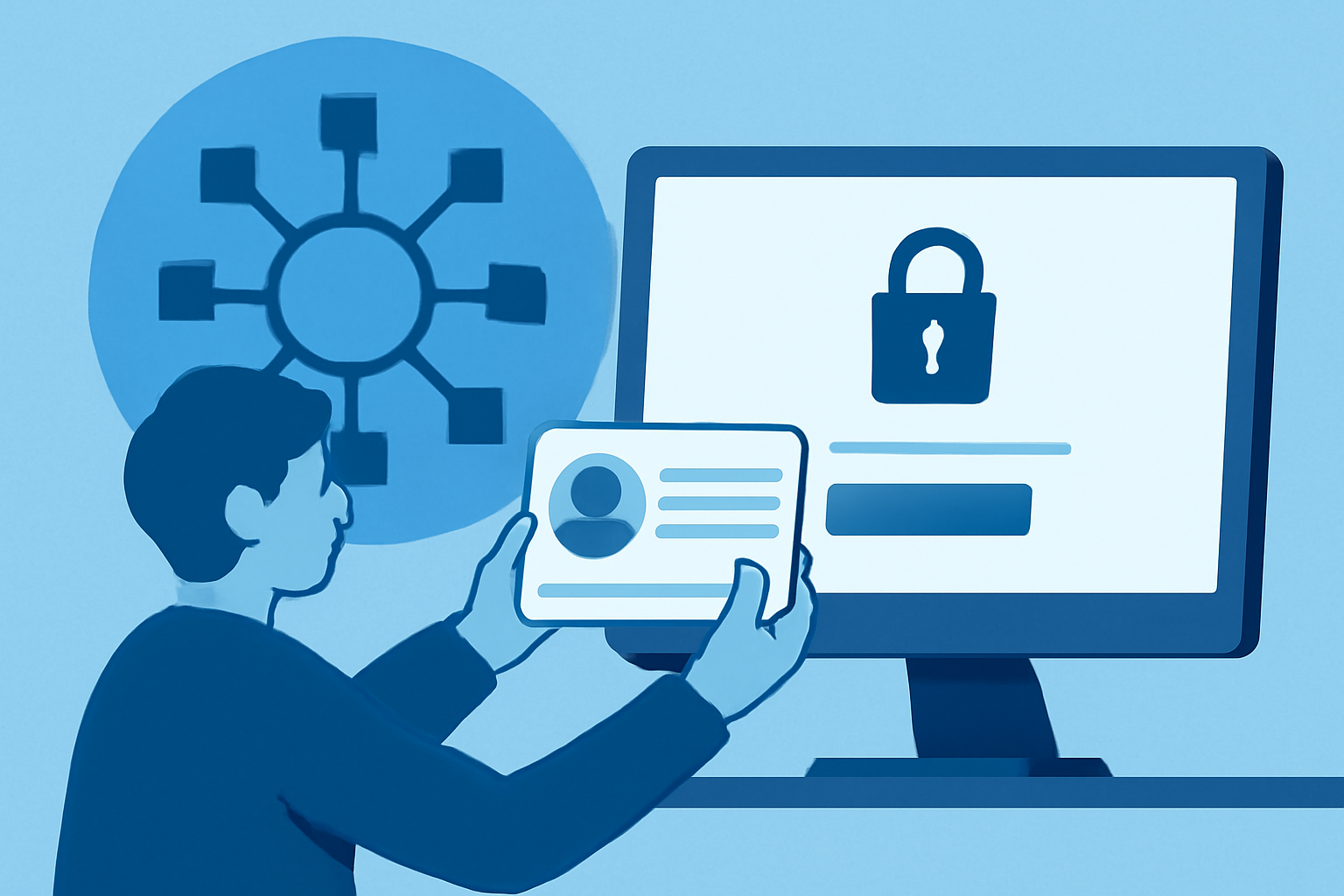 A person submitting digital identity documents securely to a computer interface, with a blockchain symbol in the background, emphasizing privacy and security.