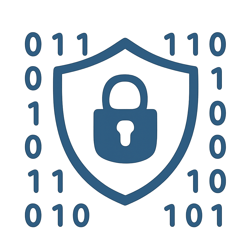 A digital shield with a lock, surrounded by binary code, representing zero-knowledge proofs and privacy on blockchain.