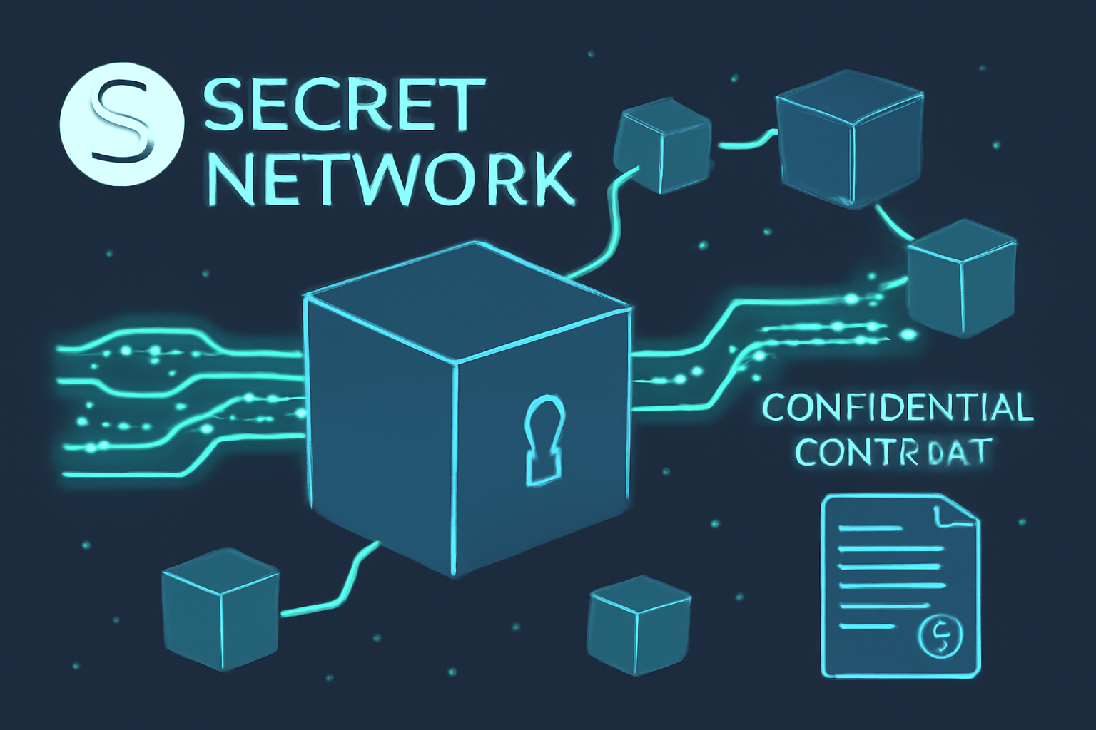 Secret Network blockchain with glowing encrypted data streams and confidential contracts
