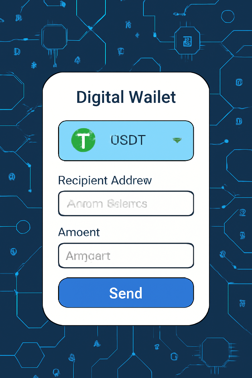 A user interface on a digital wallet showing USD₮ selected, a recipient address field, and an input box for amount, with a futuristic blockchain background.
