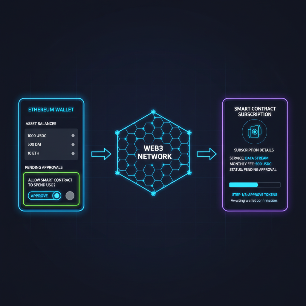 ethereum wallet approving erc20 tokens for smart contract subscription, futuristic neon web3 interface, clean diagram