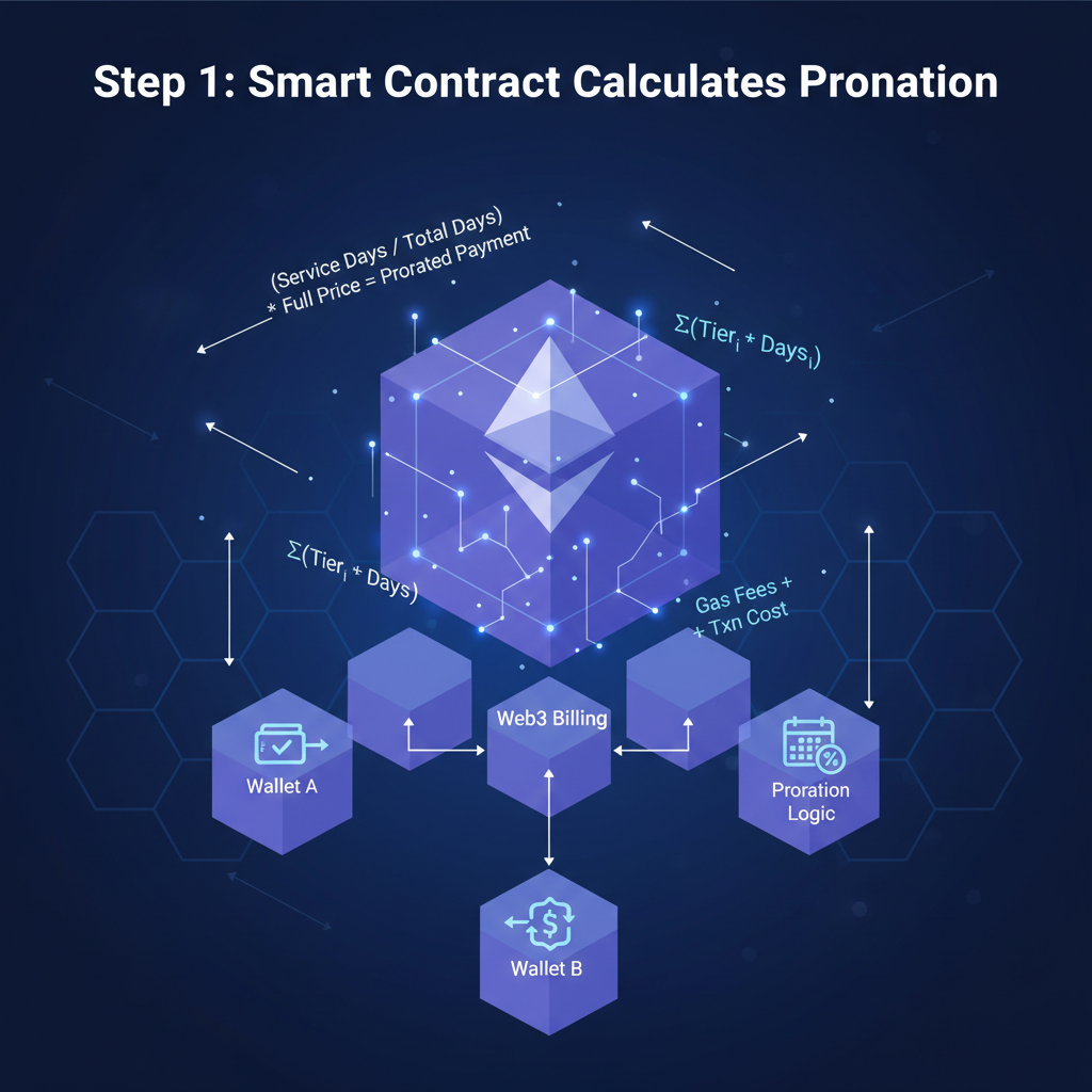 smart contract calculating prorated subscription payment, math formulas on glowing ethereum blocks, precise web3 billing visualization