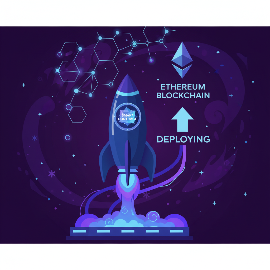 smart contract deploying to ethereum blockchain, rocket launch visual, purple cosmic effects