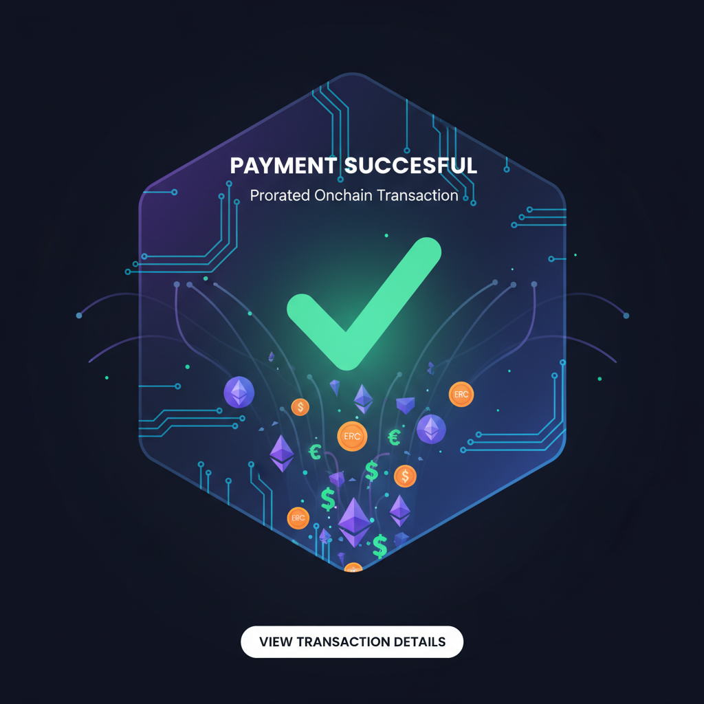 executing prorated onchain payment ethereum transaction, success confirmation screen with tokens flowing, futuristic blockchain animation