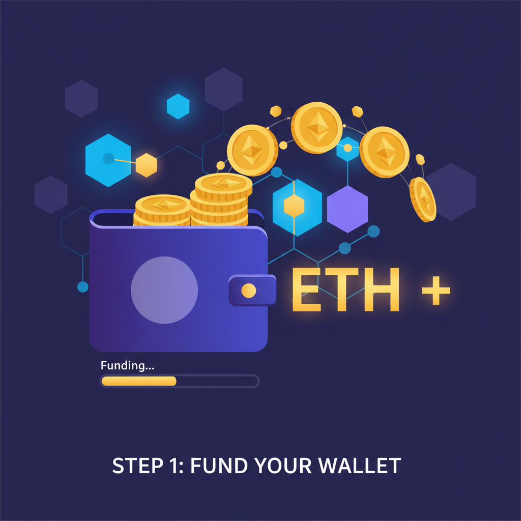 ethereum wallet funding with eth coins stacking, blockchain network background, vibrant gold tones