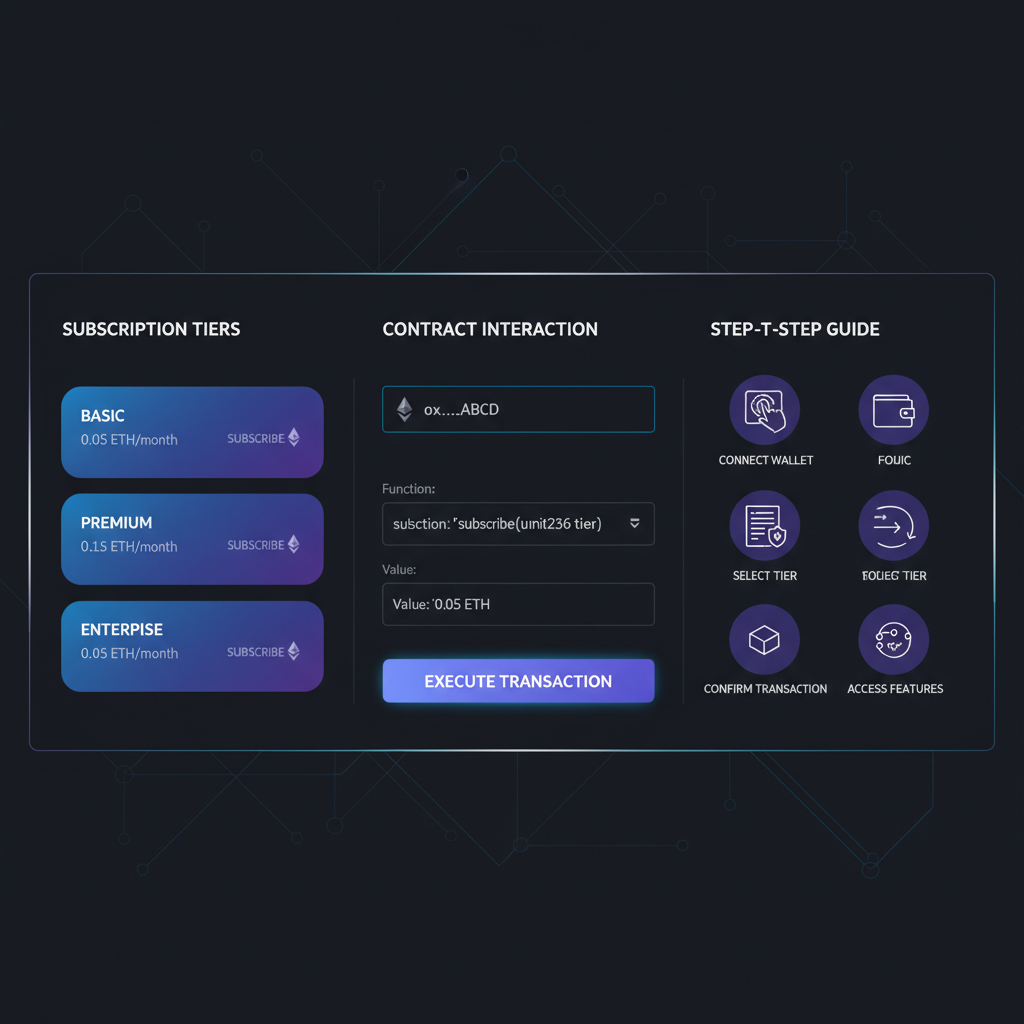 web3 frontend dashboard integrating ethereum contract, modern ui with subscription tiers, sleek dark mode