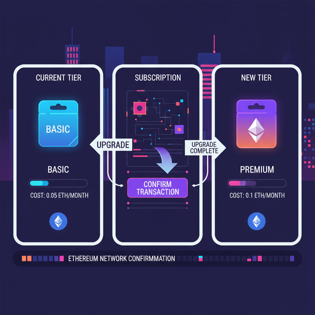 user upgrading saas subscription tier mid-cycle on ethereum, dynamic web3 dashboard with upgrade arrows, vibrant cyberpunk style