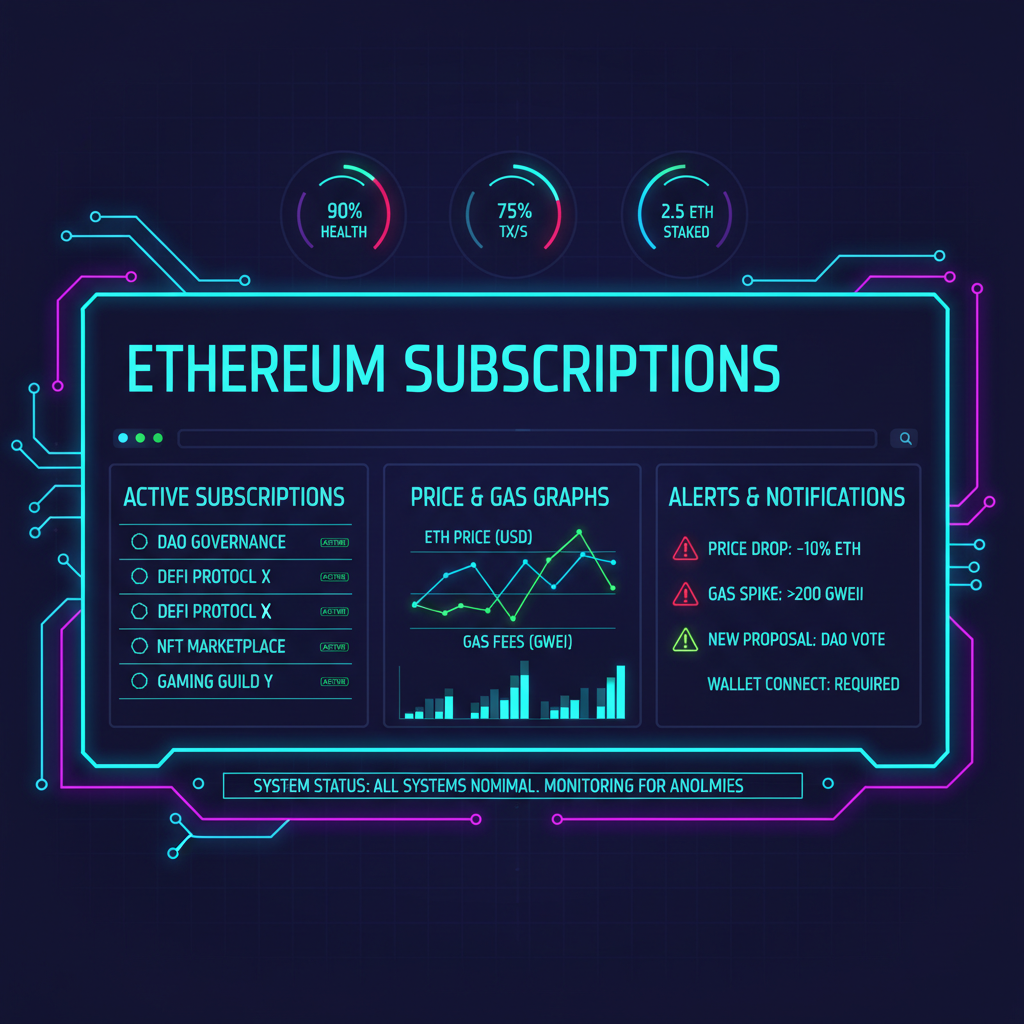 dashboard monitoring ethereum subscriptions with alerts, graphs and notifications, cyberpunk style