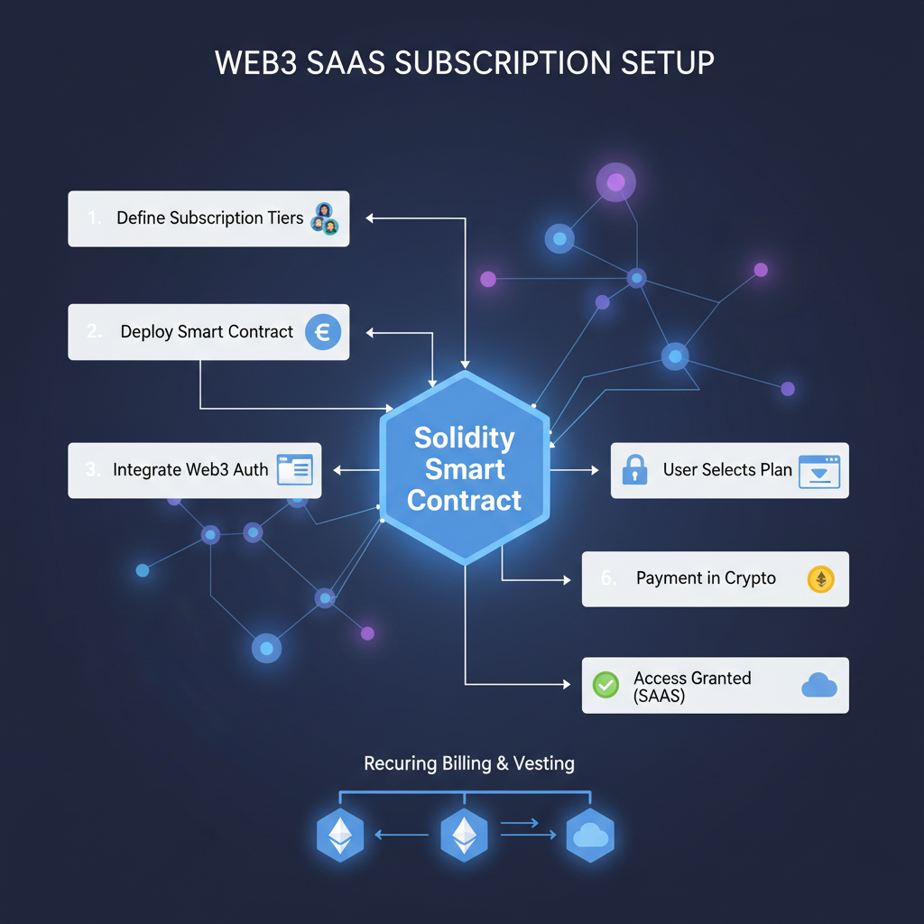 solidity smart contract setting up web3 saas subscription plan, glowing ethereum blockchain nodes, schematic flowchart