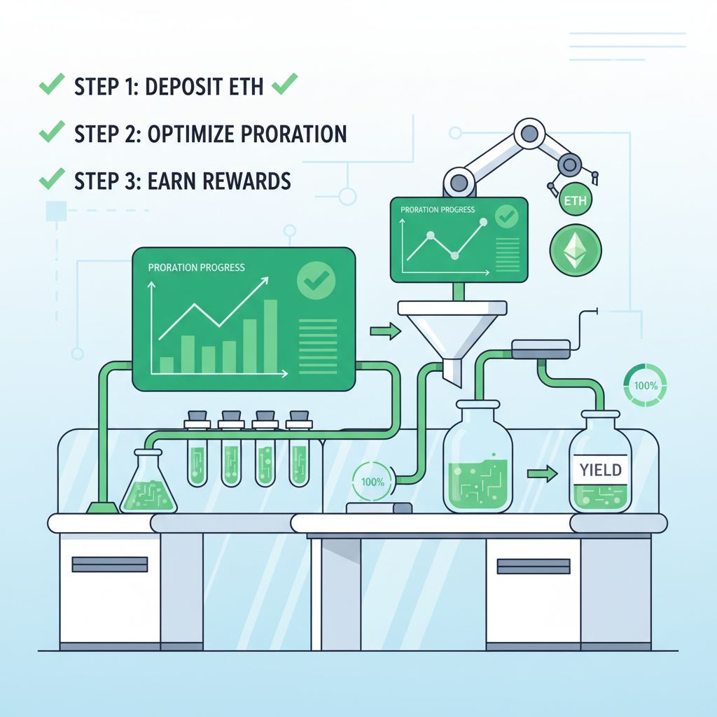 testing lab with ethereum charts and proration graphs, lab equipment metaphor, green success indicators