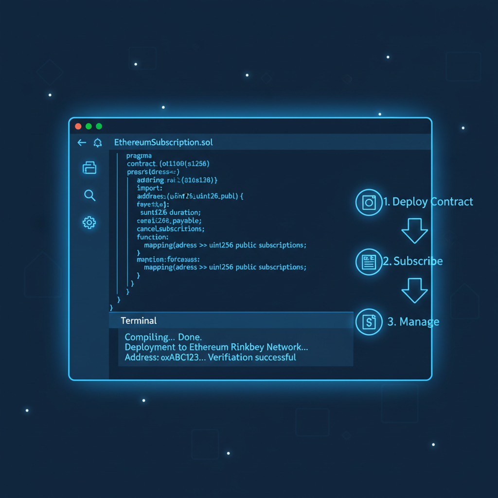 clean code editor with solidity smart contract for ethereum subscriptions, blue neon theme, futuristic