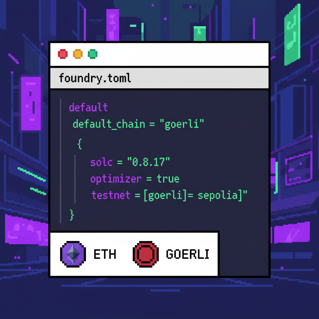 terminal editing foundry.toml config file, ethereum testnet icons, pixel art game canvas background, cyberpunk style