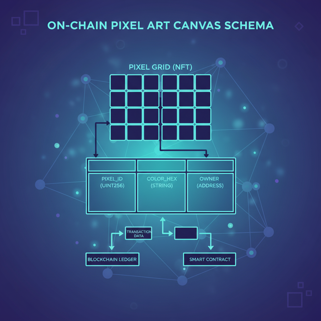 on-chain pixel art canvas grid table schema diagram ethereal blockchain glow