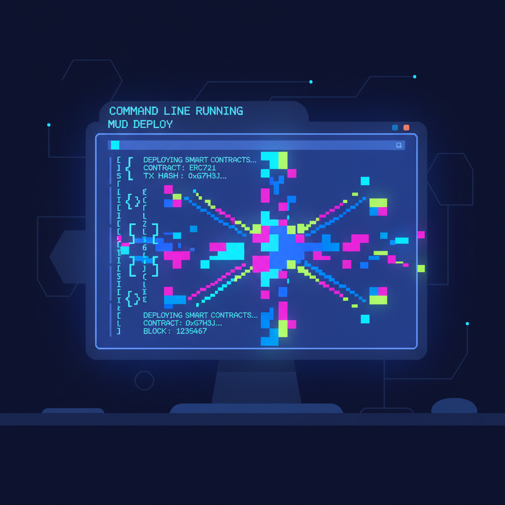 command line running mud deploy, smart contracts deploying to blockchain, glowing pixel art pixels emerging, futuristic terminal glow