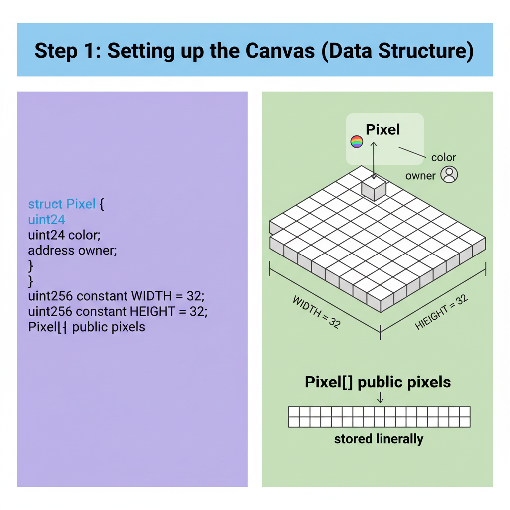 smart contract code snippet for pixel drawing system with colorful brush strokes