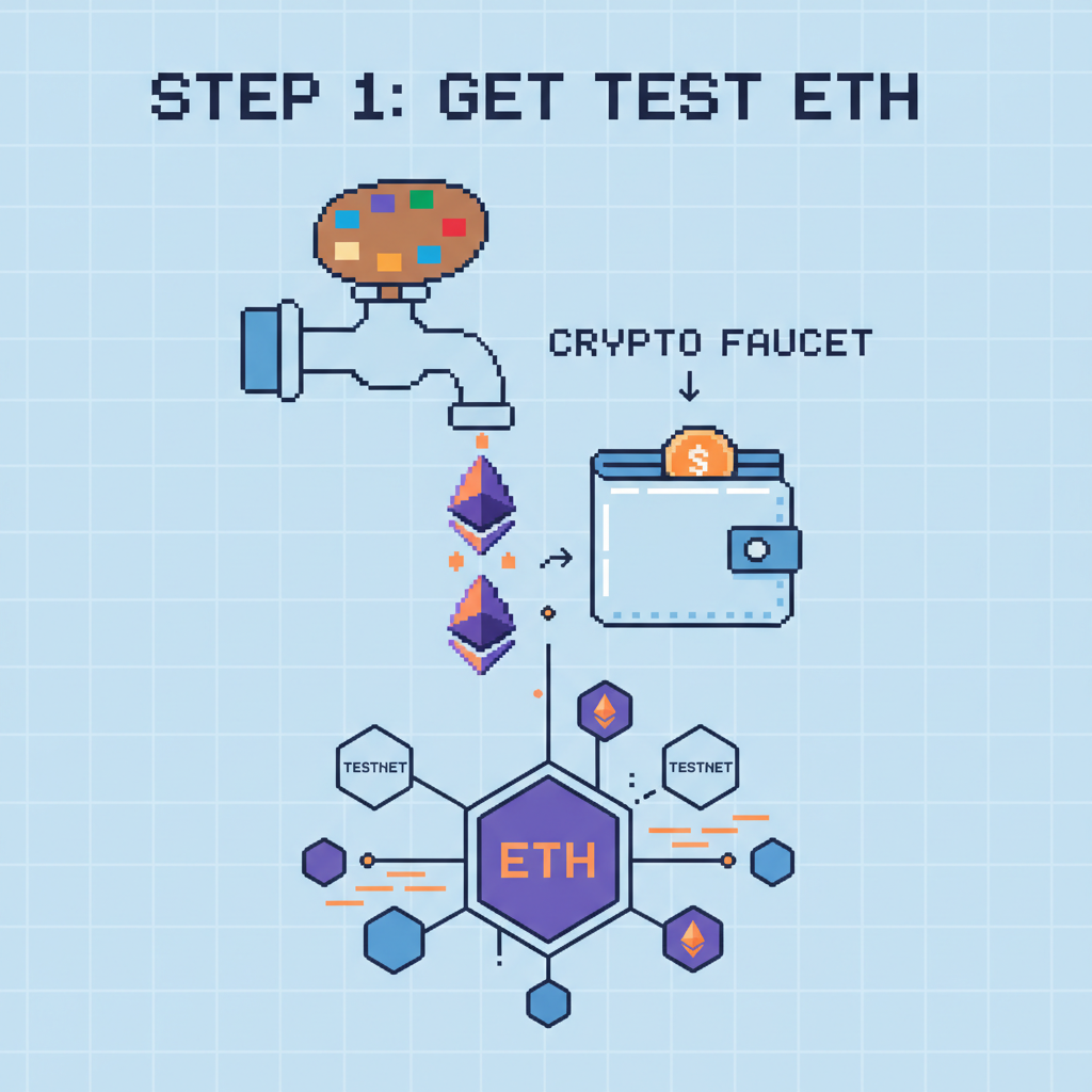 crypto faucet dripping testnet ETH into wallet, pixel art paint palette, blockchain network visualization