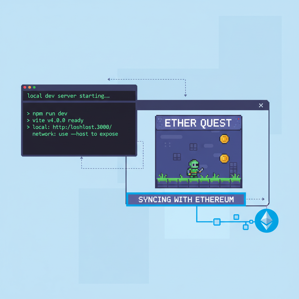local dev server starting in terminal, browser window showing pixel art game syncing with ethereum blockchain
