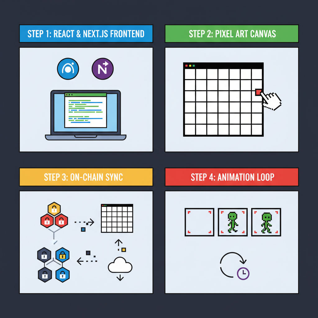 react nextjs frontend pixel art editor canvas with on-chain sync animation
