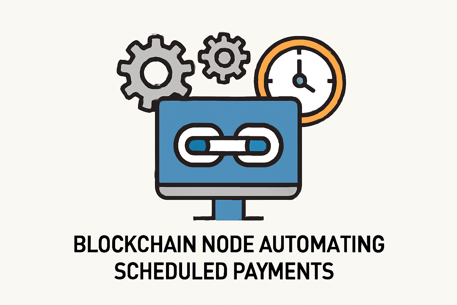 A blockchain node automating scheduled payments, with gears and a clock symbolizing automation.