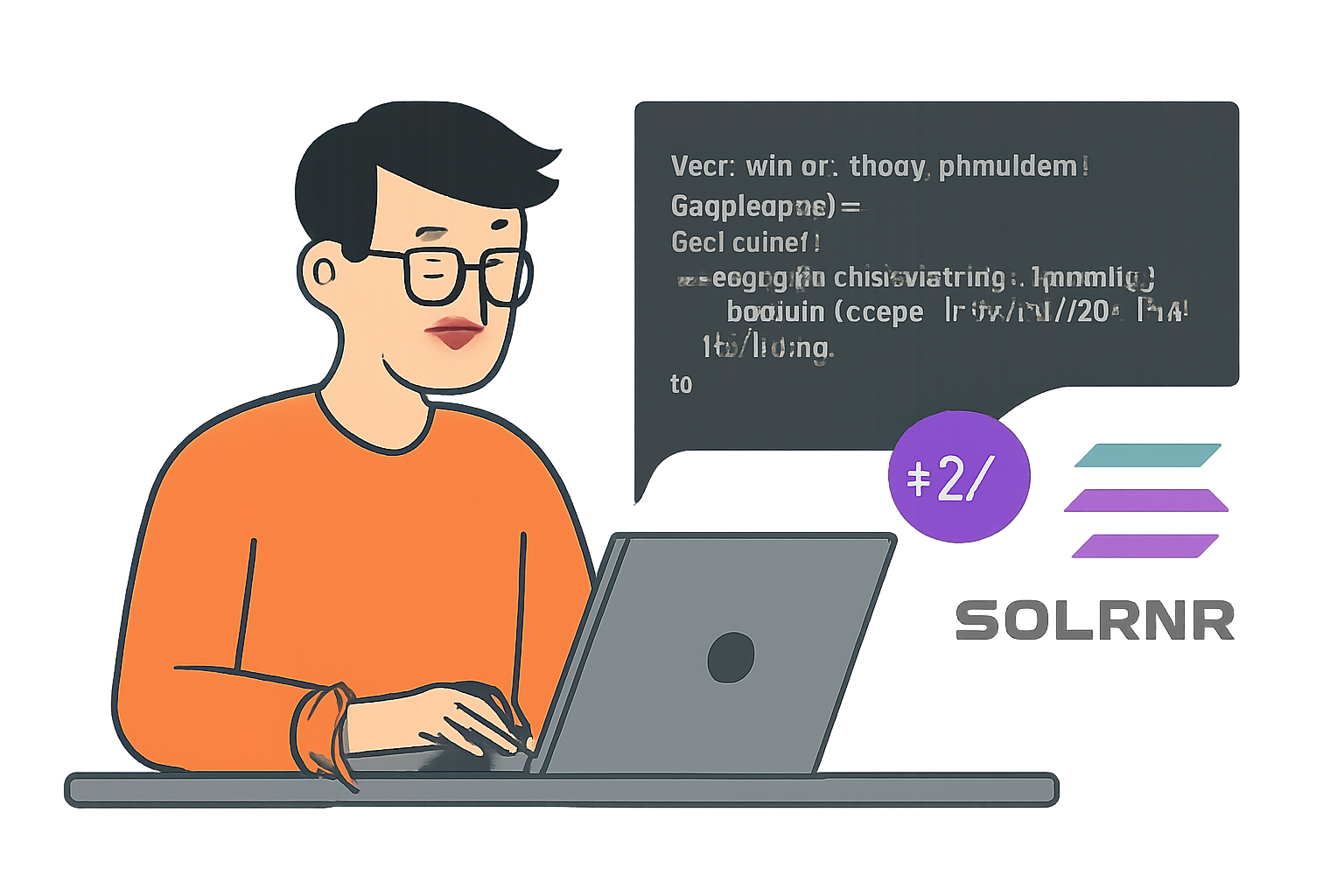 A developer reviewing open-source Solana smart contract code on a laptop, with Anchor and Solana logos visible.