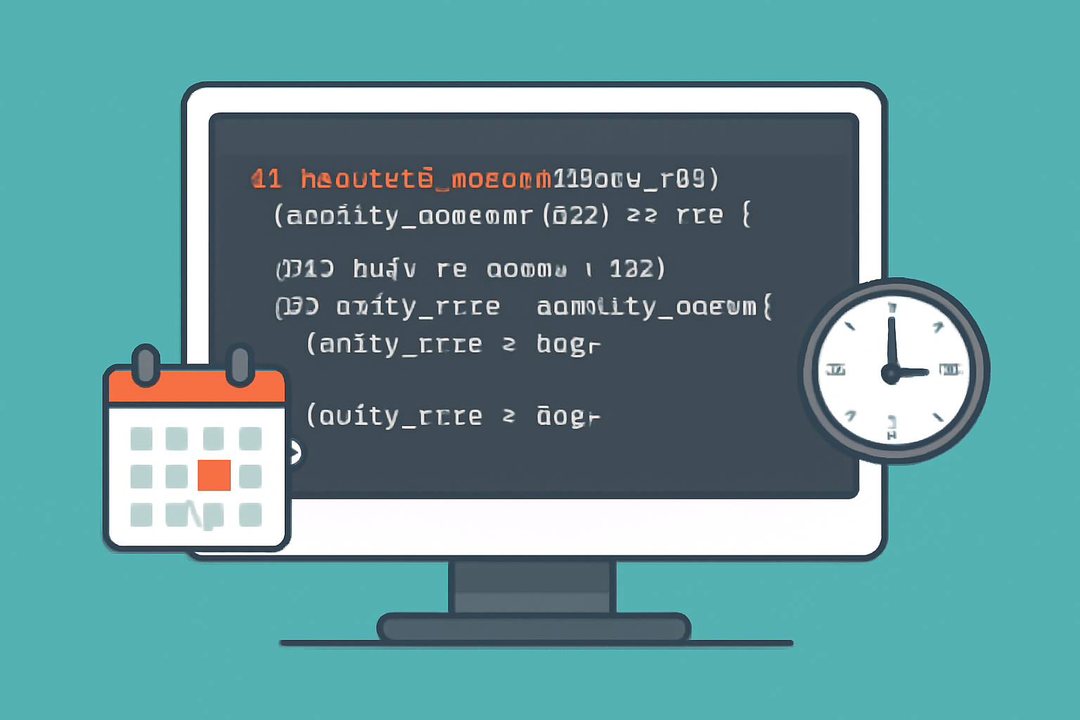 Rust code snippet on a screen calculating prorated billing amounts, with calendar and clock icons.