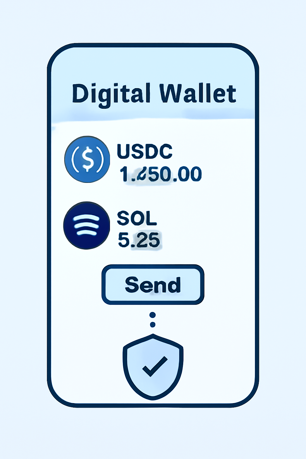 A digital wallet displaying USDC and SOL tokens, with a secure transaction in progress.