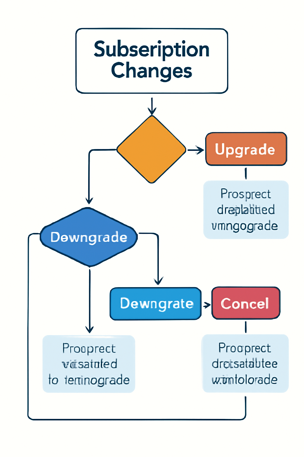 A flowchart illustrating subscription changes (upgrade, downgrade, cancel) and how proration is calculated for each scenario.
