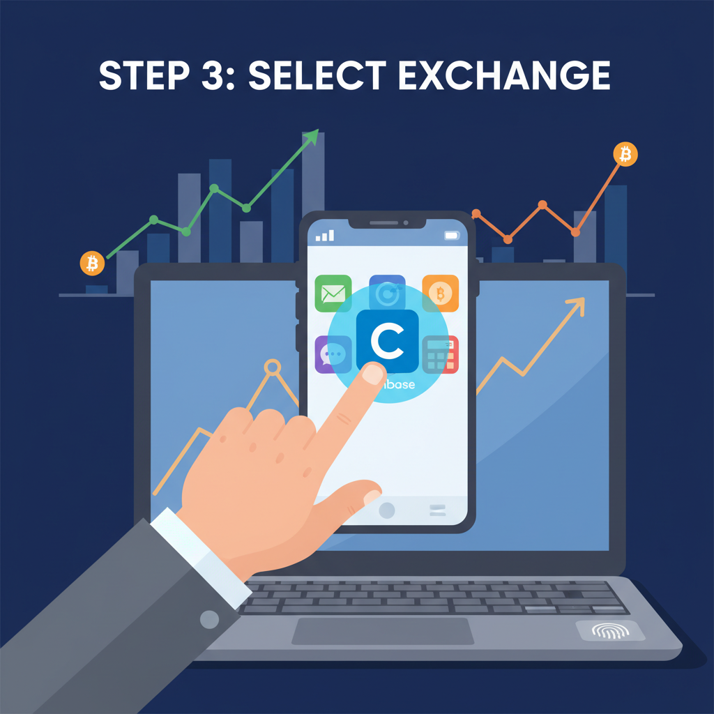 professional trader selecting Coinbase app on secure laptop screen, bitcoin charts in background, professional style