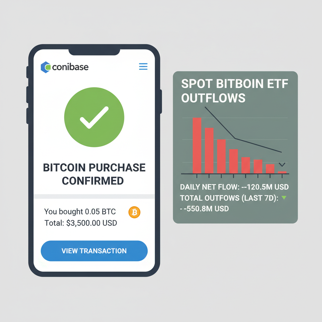 bitcoin purchase confirmation on Coinbase, ETF outflow data overlay, green checkmark