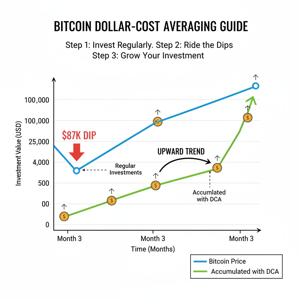 dollar cost averaging chart for bitcoin at $87k dip, upward arrow trend, educational graph style