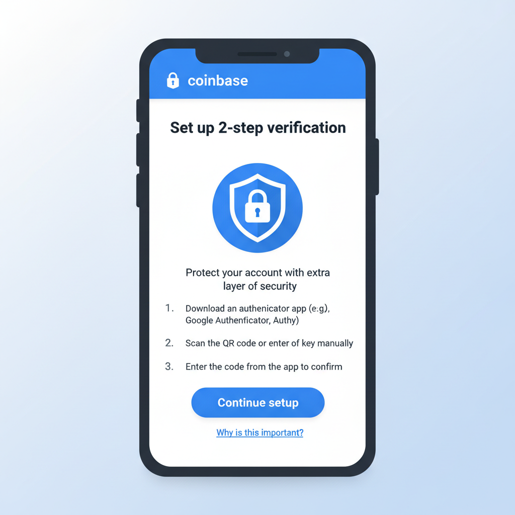 smartphone screen showing 2FA setup on Coinbase, security lock icon, clean modern interface