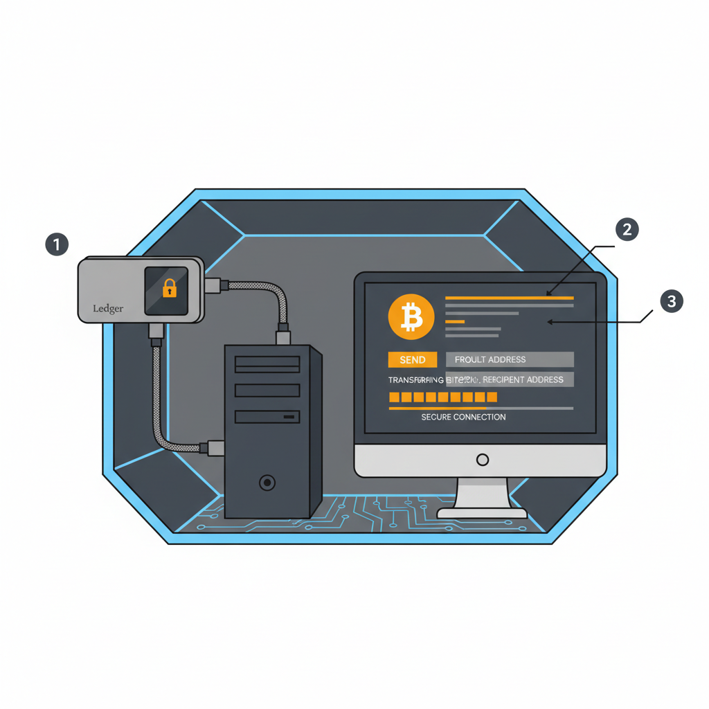hardware wallet like Ledger connected to computer, bitcoin transfer screen, secure vault aesthetic