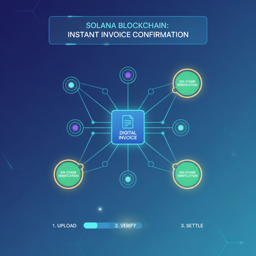 Solana blockchain verifying digital invoices with glowing on-chain nodes, futuristic finance interface