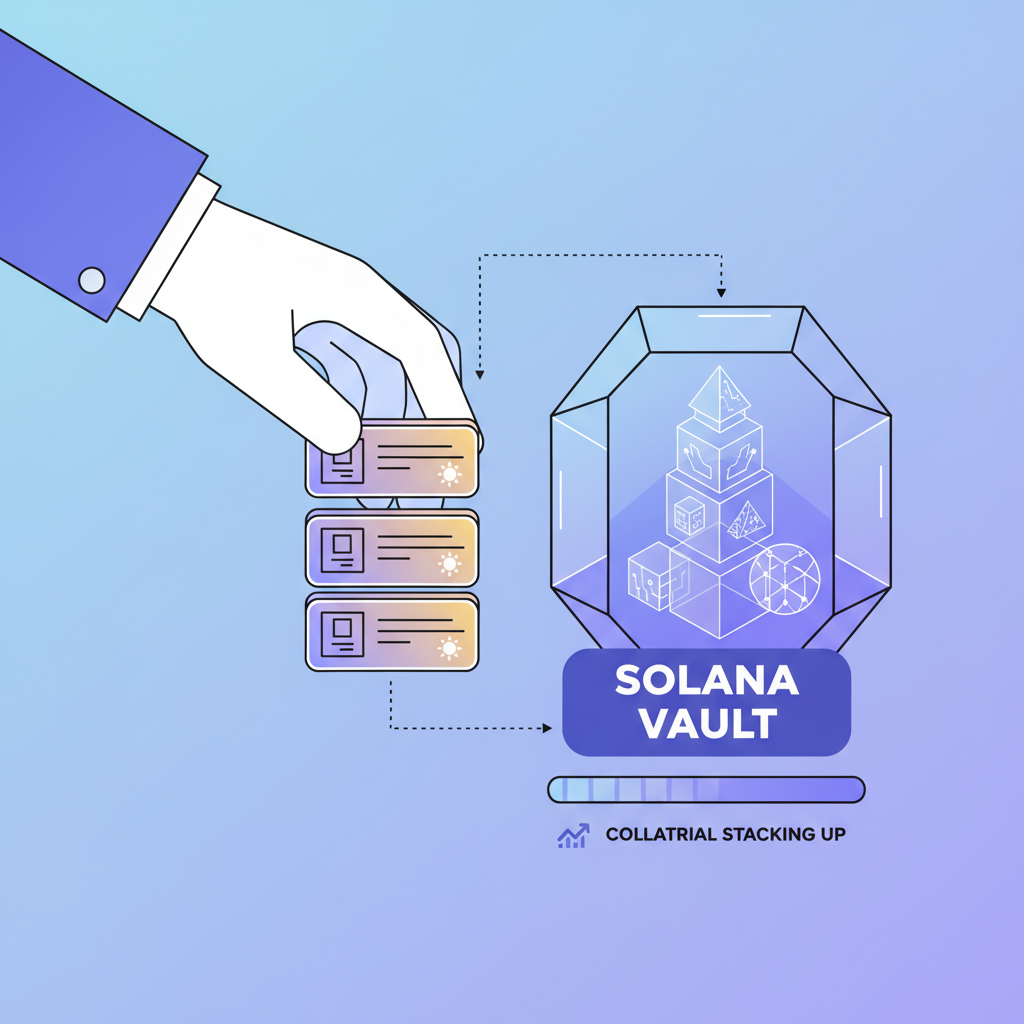 Depositing glowing tokenized invoices into a Solana vault, collateral assets stacking up digitally