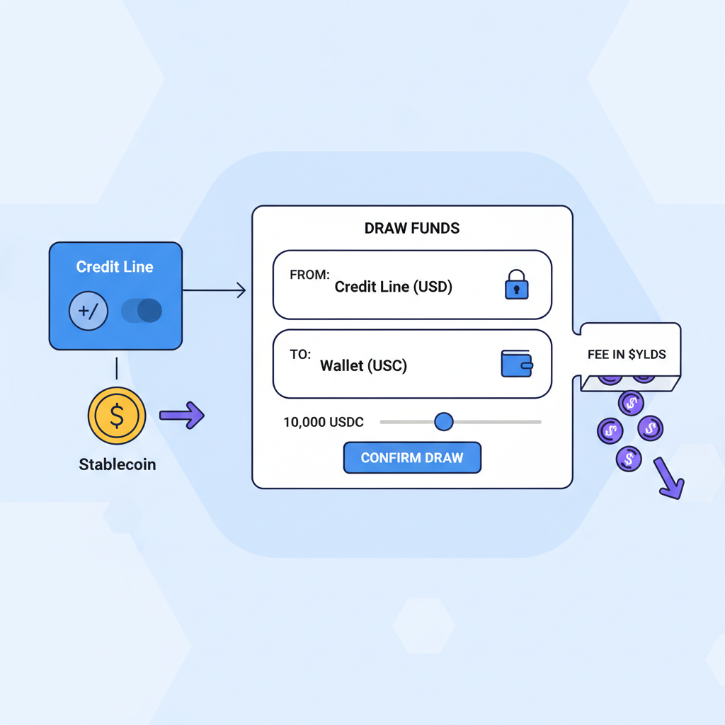 Drawing stablecoins from a credit line on Solana dashboard, $YLDS tokens flowing out