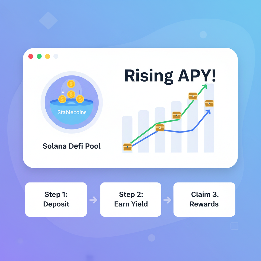 Stablecoins earning yield in a Solana DeFi pool, graphs showing rising APY with treasury icons