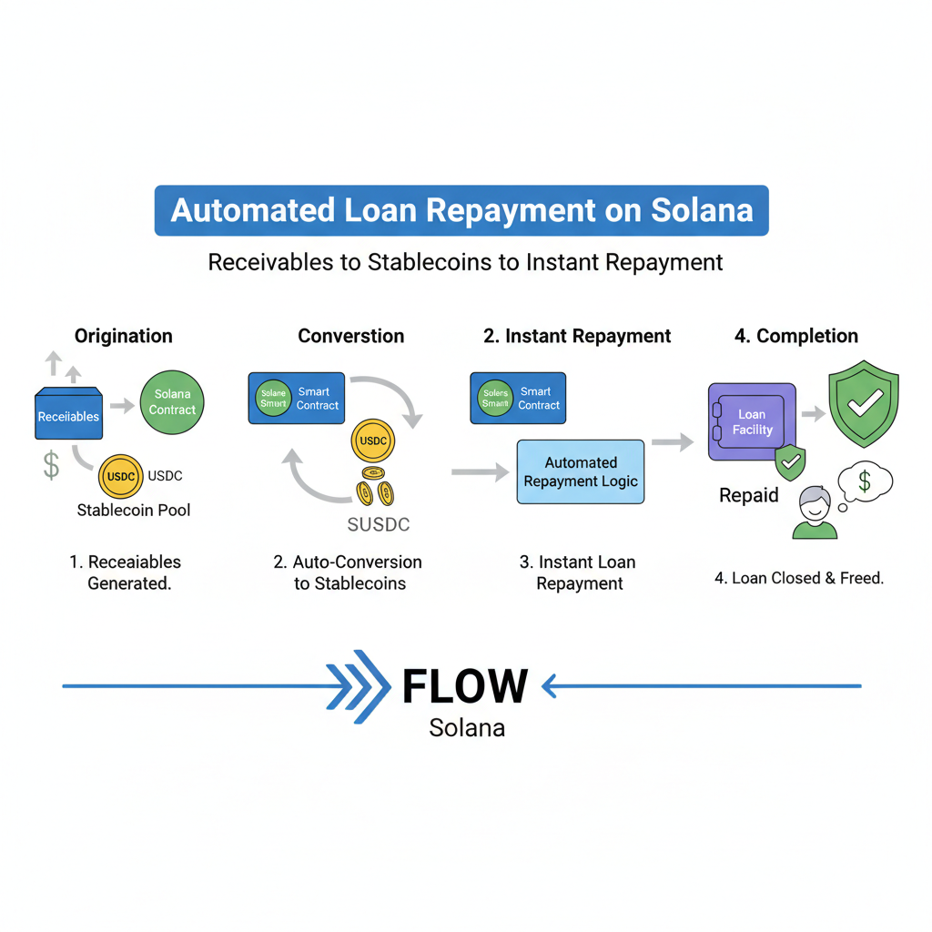 Automated repayment flow on Solana, receivables converting to stablecoins repaying loan instantly