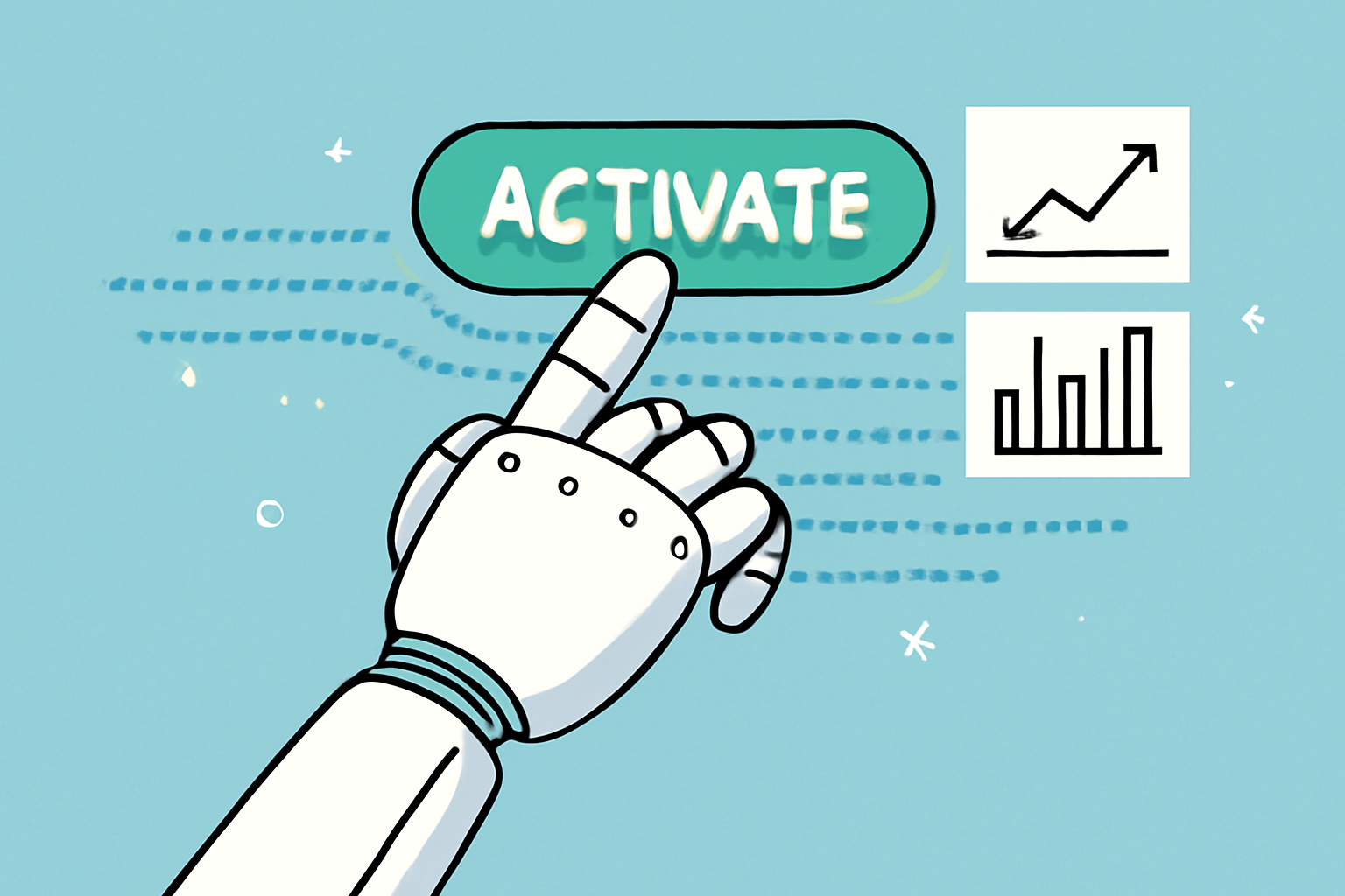 A robotic AI hand pressing an 'Activate' button, with animated data streams and yield charts illuminating around it.