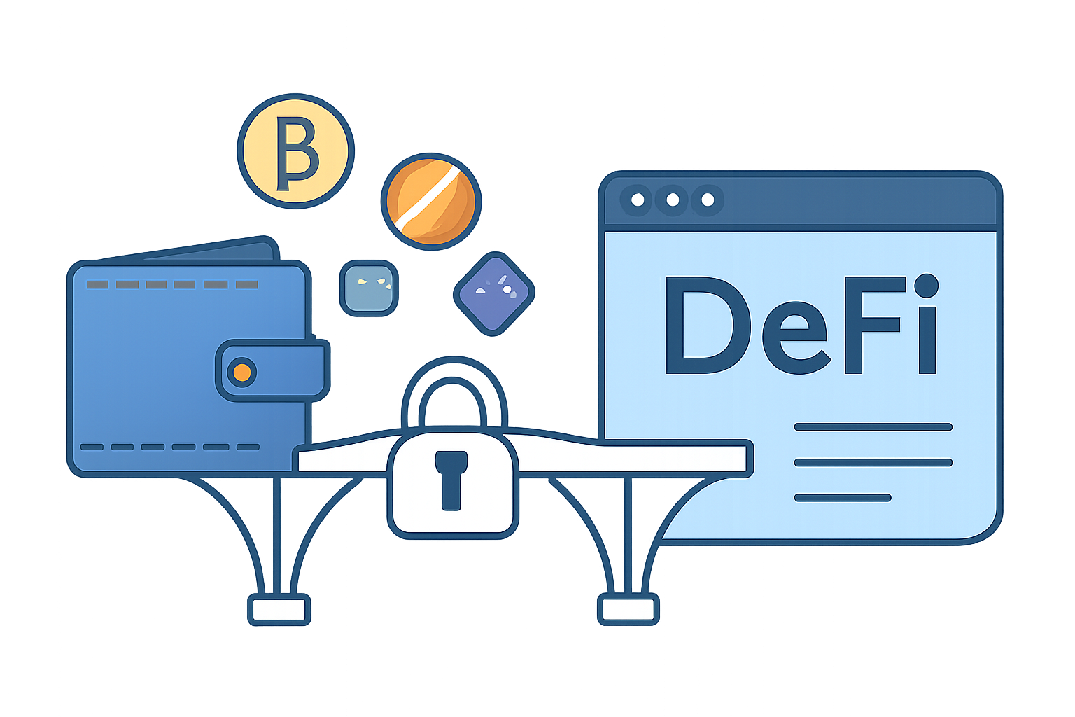 A digital wallet icon connecting via a secure bridge to a DeFi platform interface, with crypto tokens floating between them.