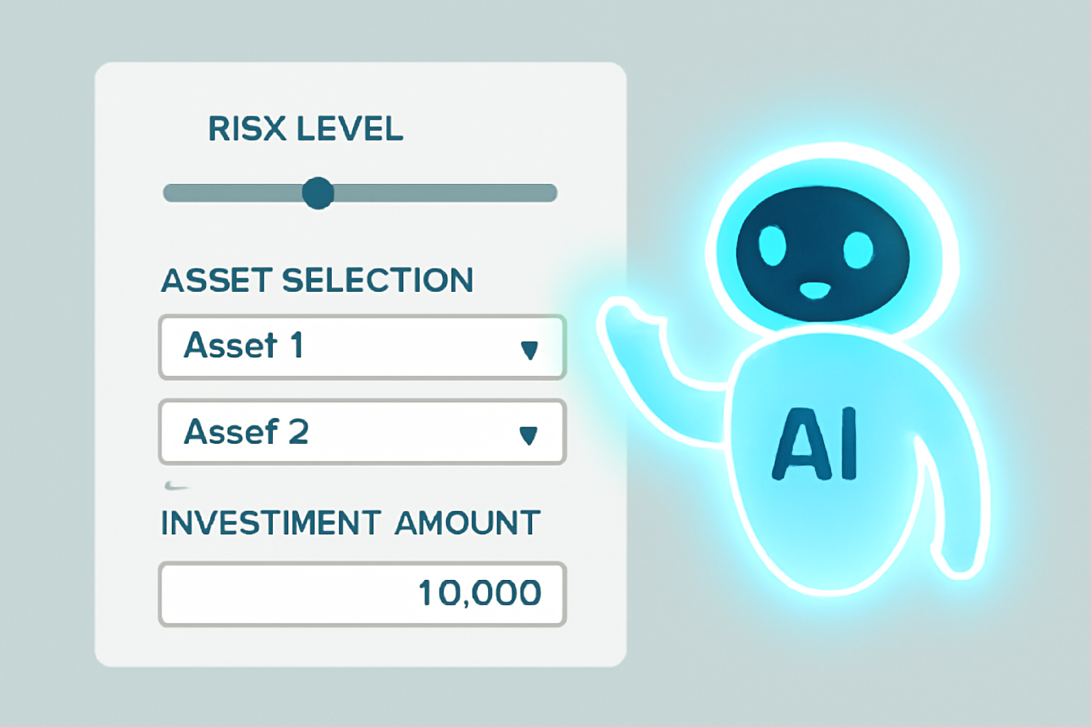 A user interface with sliders for risk level, asset selection dropdowns, and a digital input for investment amount, all highlighted by a glowing AI assistant.
