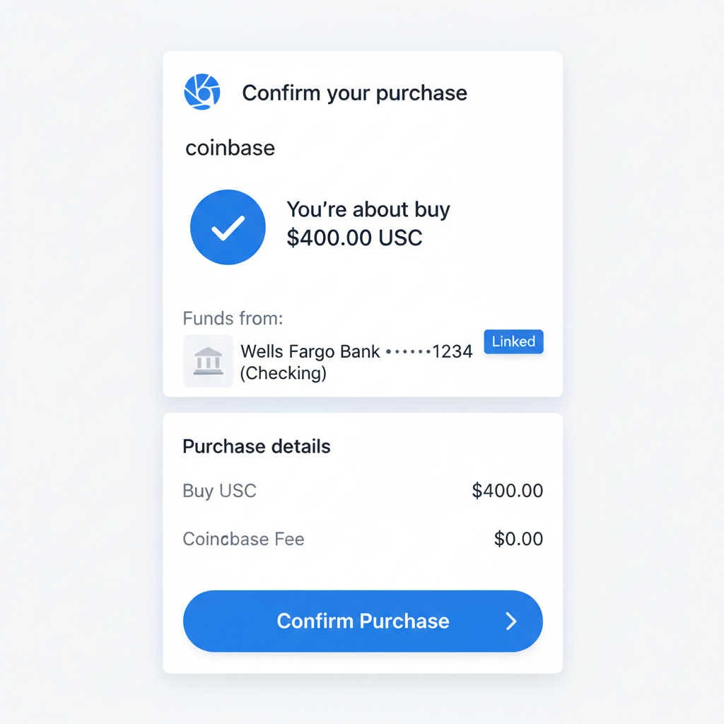 Clean screenshot of Coinbase app showing ACH bank link and USDC purchase confirmation for $400