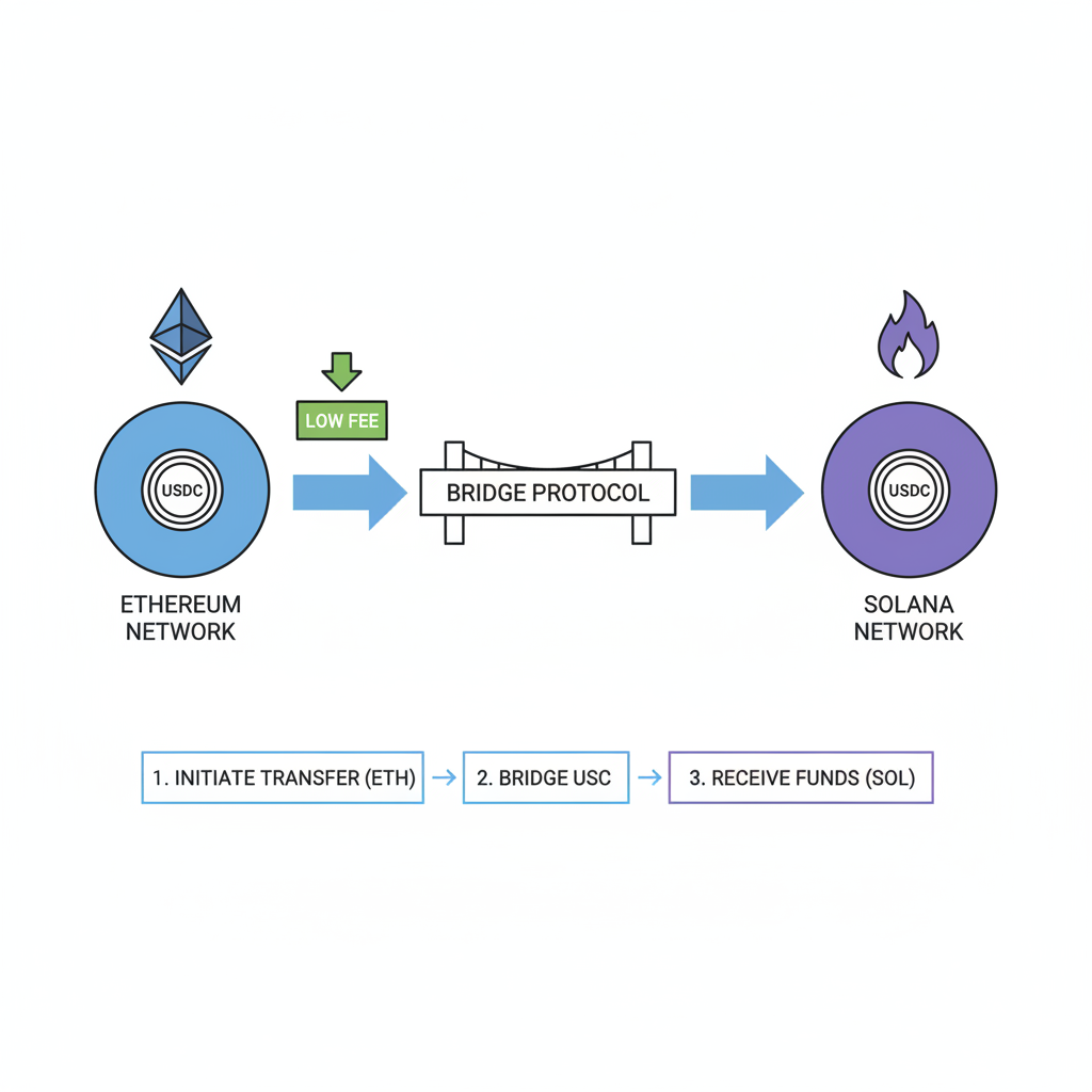 Simple diagram of bridging USDC from Ethereum to Solana network with low fee indicator