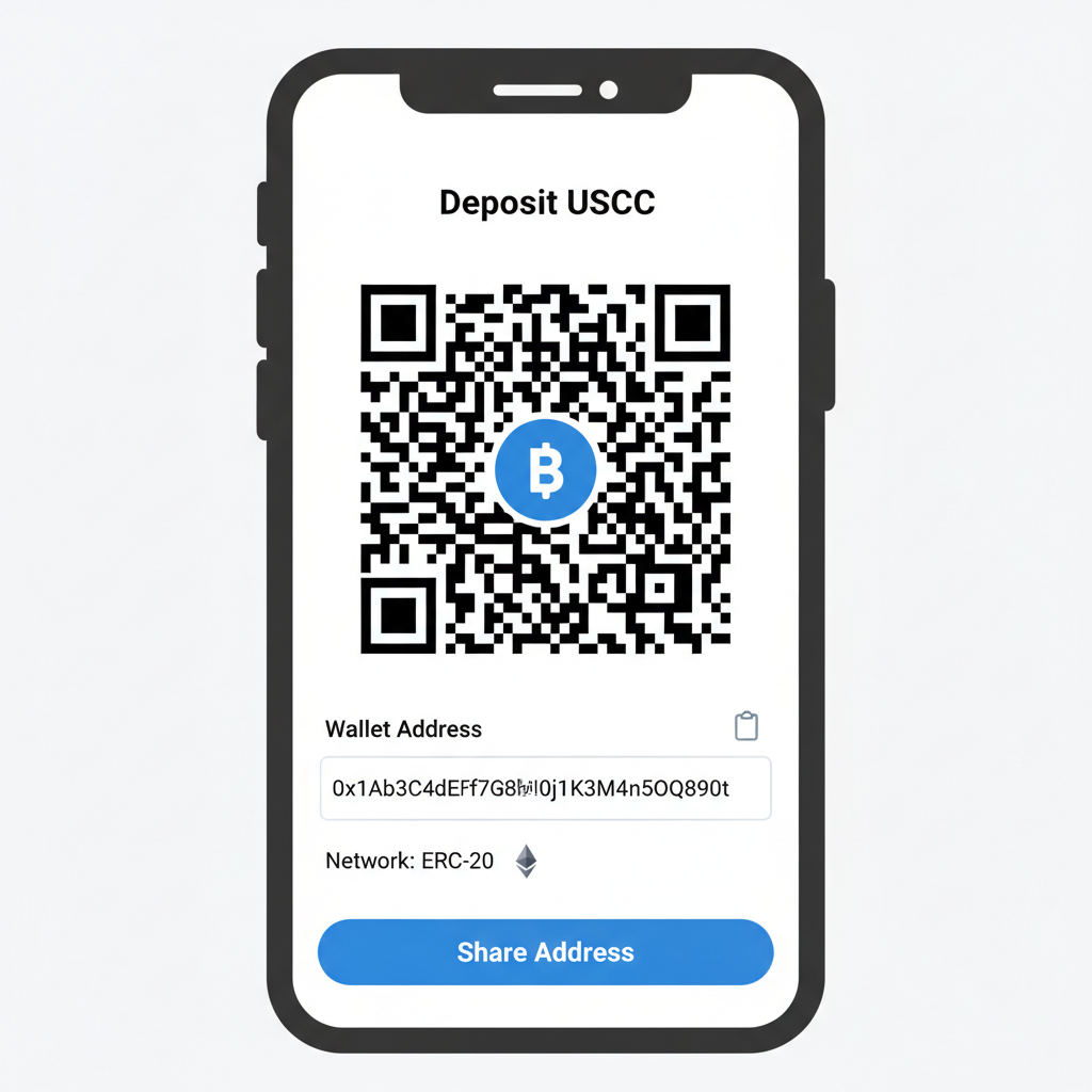 Screenshot style of Bitso exchange app displaying USDC deposit address and QR code
