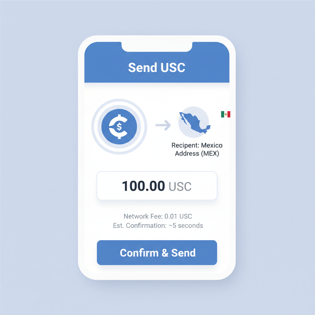 Wallet interface showing USDC send to Mexico address with tiny fee and fast confirmation